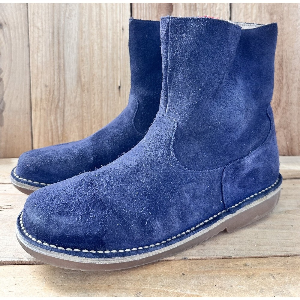 Mini Boden Suede Boots Ankle Blue Red Zipper Size 7.5 Women's Lined Fleece